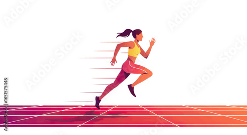A fit female runner in a yellow top and pink leggings sprinting with stylized motion lines.