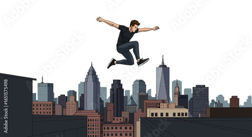 Dynamic cartoon illustration of a man in black sportswear leaping with arms outstretched.