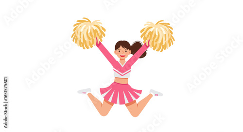 Joyful cartoon cheerleader in a pink uniform jumping high with yellow pom-poms.