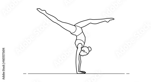 Minimalist line art of a female gymnast performing a graceful handstand split pose.