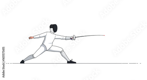 Cartoon fencer in a white uniform and black mask executing a dynamic lunge attack.