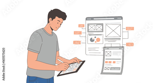 Young male designer creating a website wireframe and user interface on a digital tablet.