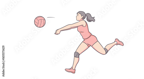 Dynamic illustration of a female volleyball player in a pink uniform and grey knee pads lunging to bump the ball.