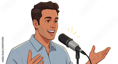 Expressive illustrated man with brown hair speaking into a studio microphone for a podcast.