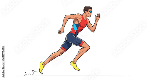 Athletic Male Runner in Dynamic Pose, Wearing Blue Goggles and Red and Blue Racing Suit