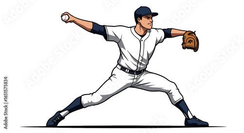 A focused baseball pitcher in a white and navy uniform, captured mid-throw in a dynamic comic book art style.