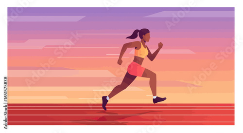 Athletic dark-skinned woman with a ponytail running in profile, wearing colorful sportswear.