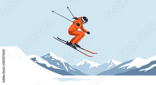 Dynamic female skier in a bright orange snowsuit and black helmet performing a mid-air jump.