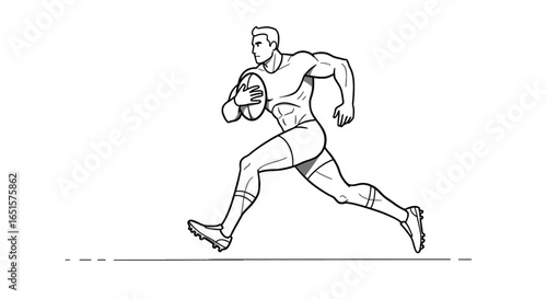 Muscular Rugby Player Running with Ball in Dynamic Action Pose