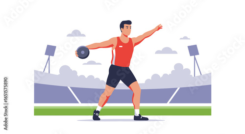 Male discus thrower in a red tank top and black shorts, poised to throw the discus.