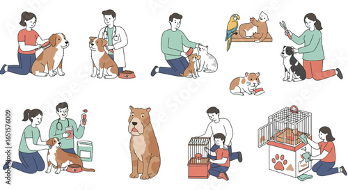 Charming hand-drawn illustration set of people caring for their diverse pets, including dogs, cats, and birds.