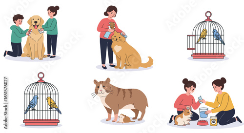A charming collection of flat vector illustrations showing people caring for their beloved pets.