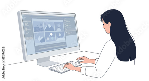 Female graphic designer with long black hair working on a desktop computer, editing images in a software interface.