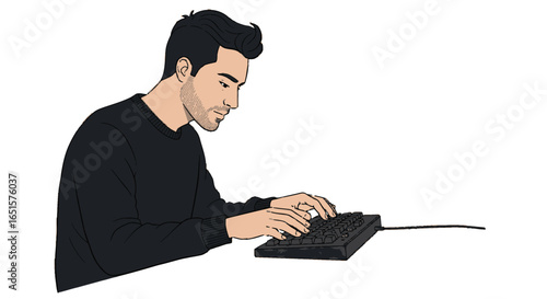Cartoon illustration of a focused man with stubble typing on a black keyboard.