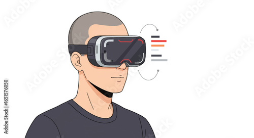Illustrated man with a buzz cut wearing a futuristic VR headset with a data interface.