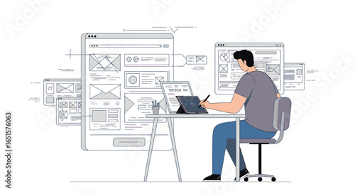 Male UI/UX designer at a desk creating website and app wireframes on a digital tablet, a flat line art illustration.