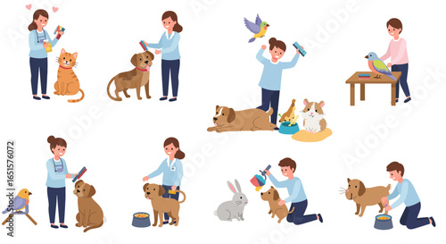 A diverse collection of illustrated people lovingly caring for their various pets, including dogs, cats, birds, and hamsters.