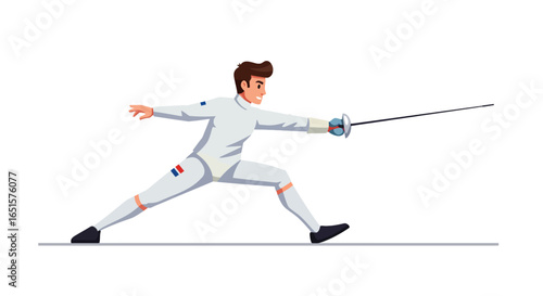 A smiling male fencer in a white uniform with a French flag patch, lunging forward with his sword.