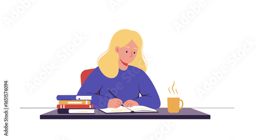Focused blonde woman in a blue sweater studying at a desk, writing in a notebook with books and a steaming mug.