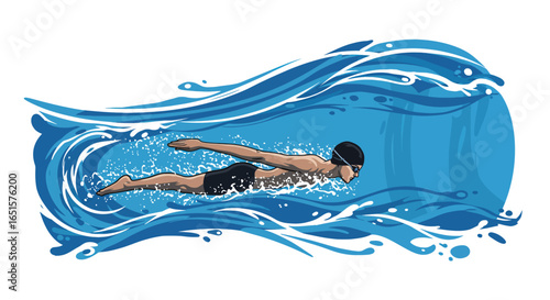 Athletic Male Swimmer Performing Freestyle Stroke Through Blue Water Waves