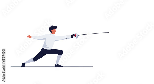 Male fencer in a white uniform executing a lunge, a dynamic vector illustration of swordsmanship.