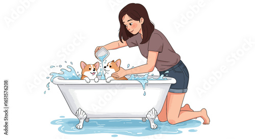 A smiling young woman gently gives two happy Corgi puppies a bath, splashing water in a vintage white clawfoot tub.