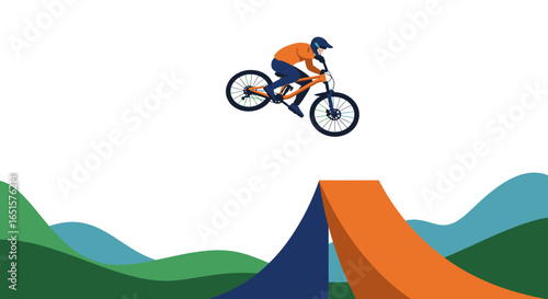Dynamic flat vector illustration of a mountain biker in orange gear performing a mid-air jump.