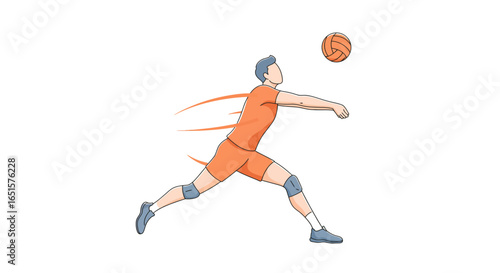 Cartoon male volleyball player in an orange uniform bumping the ball with motion lines.