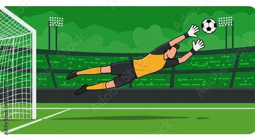 Cartoon soccer goalkeeper in a yellow and black uniform making a spectacular diving save.