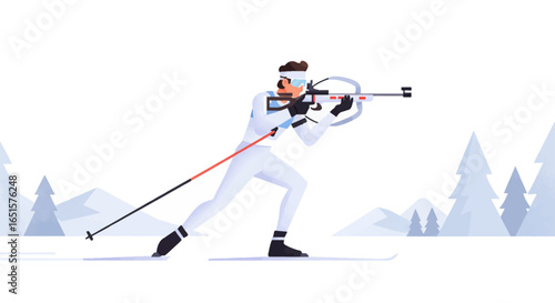 Biathlete in White Suit Aiming Rifle with Ski Poles and Skis