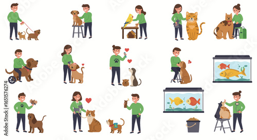 Flat vector illustration set of happy owners caring for their pets, including dogs, cats, a parrot, and fish.