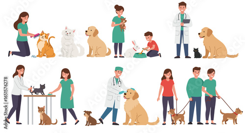 Diverse People Caring for Various Animals in Veterinary and Pet Care Settings