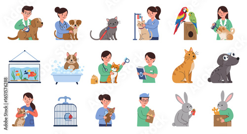 Diverse Flat Vector Illustrations of Pet Care, Veterinary Services, and Happy Animal Companions