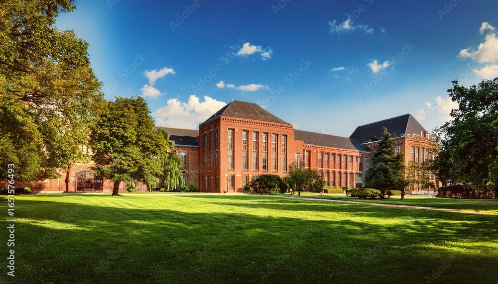 a beautiful university campus in sunlight with a brick building and green lawns with trees a beautiful university campus in sunlight with a brick building and green lawns with trees