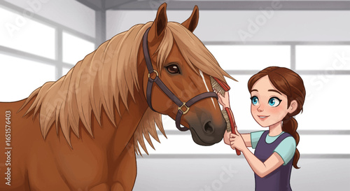 Caring young girl with a gentle smile grooming a calm brown horse with a blonde mane.