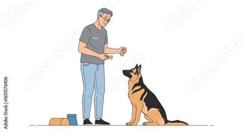 German Shepherd Dog Sitting and Looking Upward, Training Session.
