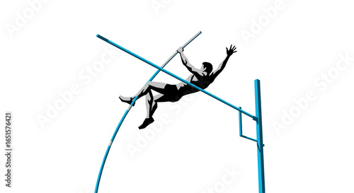 Dynamic stylized illustration of a male pole vaulter in a black silhouette clearing the high blue bar.