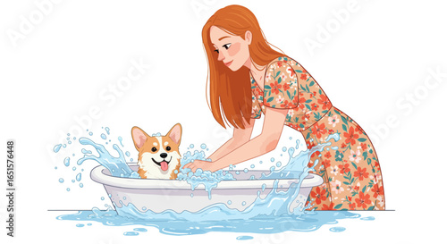 Adorable Corgi Dog Enjoying a Bath with Bubbles and Splashing Water