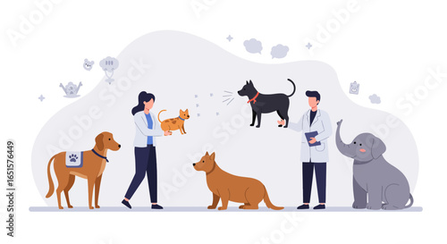 Veterinarians Caring for Diverse Animals: Brown Dogs, Orange Cat, Black Dog, Grey Elephant Flat Illustration