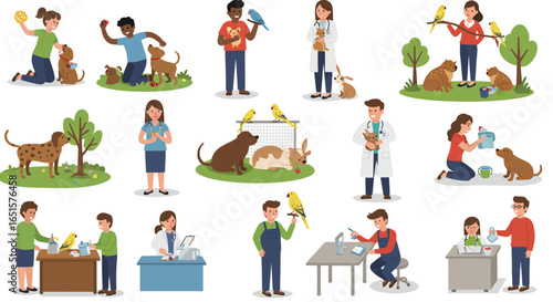 Diverse Cartoon Illustrations of People Interacting with Various Pets