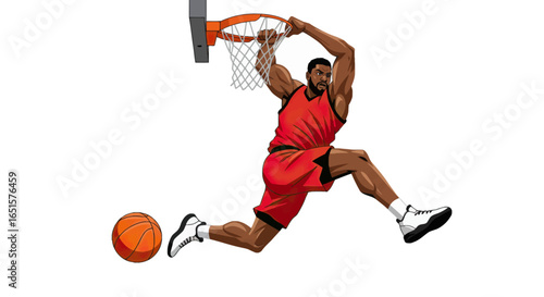 Dynamic illustration of a muscular basketball player in a red uniform performing a powerful slam dunk.
