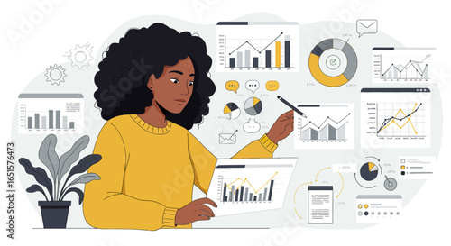 Focused African American woman in a yellow sweater analyzing business data, charts, and financial reports.