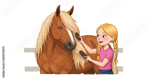 Happy cartoon girl with blonde braids grooming a calm brown horse with a long blonde mane.