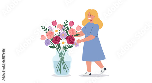 Smiling blonde woman in blue dress arranging vibrant flowers in a clear vase, flat vector illustration.