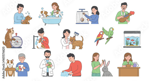Diverse Pet Care Scenes with People and Animals