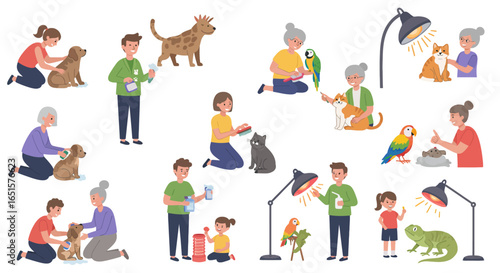Diverse People Caring for Various Animals with Grooming and Heat Lamps