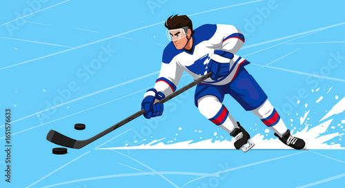 Dynamic illustration of a male ice hockey player in a blue and white uniform stickhandling a puck.