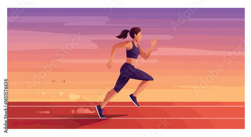 Stylized vector illustration of a fit woman with a ponytail running in dark purple sportswear.