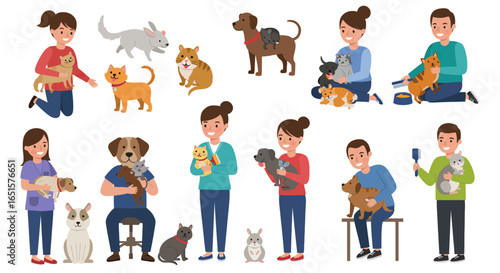 A charming cartoon collection of diverse people lovingly caring for their pets, including dogs, cats, and rabbits.