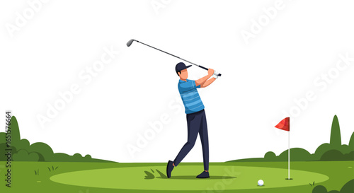 Male golfer in a blue striped shirt and dark cap executing a powerful follow-through swing with an iron club.